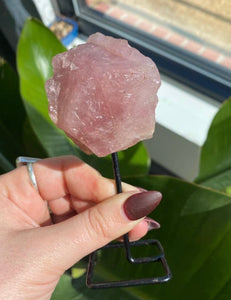 Rough Rose Quartz Crystal On Stand